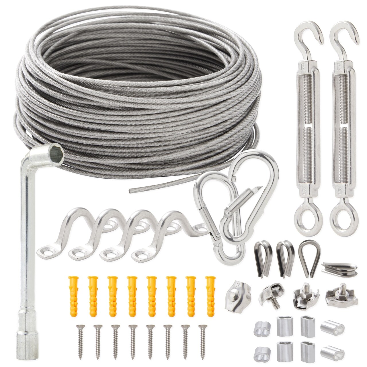 Built Industrial Industrial-Style Outdoor String Light Hanging Kit - 82 Ft, 2 mm Stainless Steel Rope, Silver - Mounting Hardware with Clamps & Carabiners for Patio & Porch, Wedding